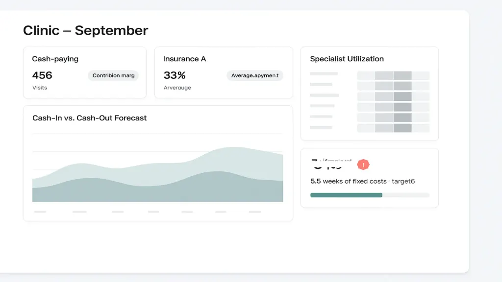Clinic dashboard, light mode. Title 'Clinic — September'. Top: three stream cards (Cash, Insurance A, Insurance B) with visits, revenue, contribution margin, average payment lag chips. Center: 6-week rolling cash-in vs cash-out forecast. Right: specialist utilization heat-strip (6 specialists × weeks). Bottom: reserve indicator '5.5 weeks of fixed costs · target 6' with brand teal progress bar.