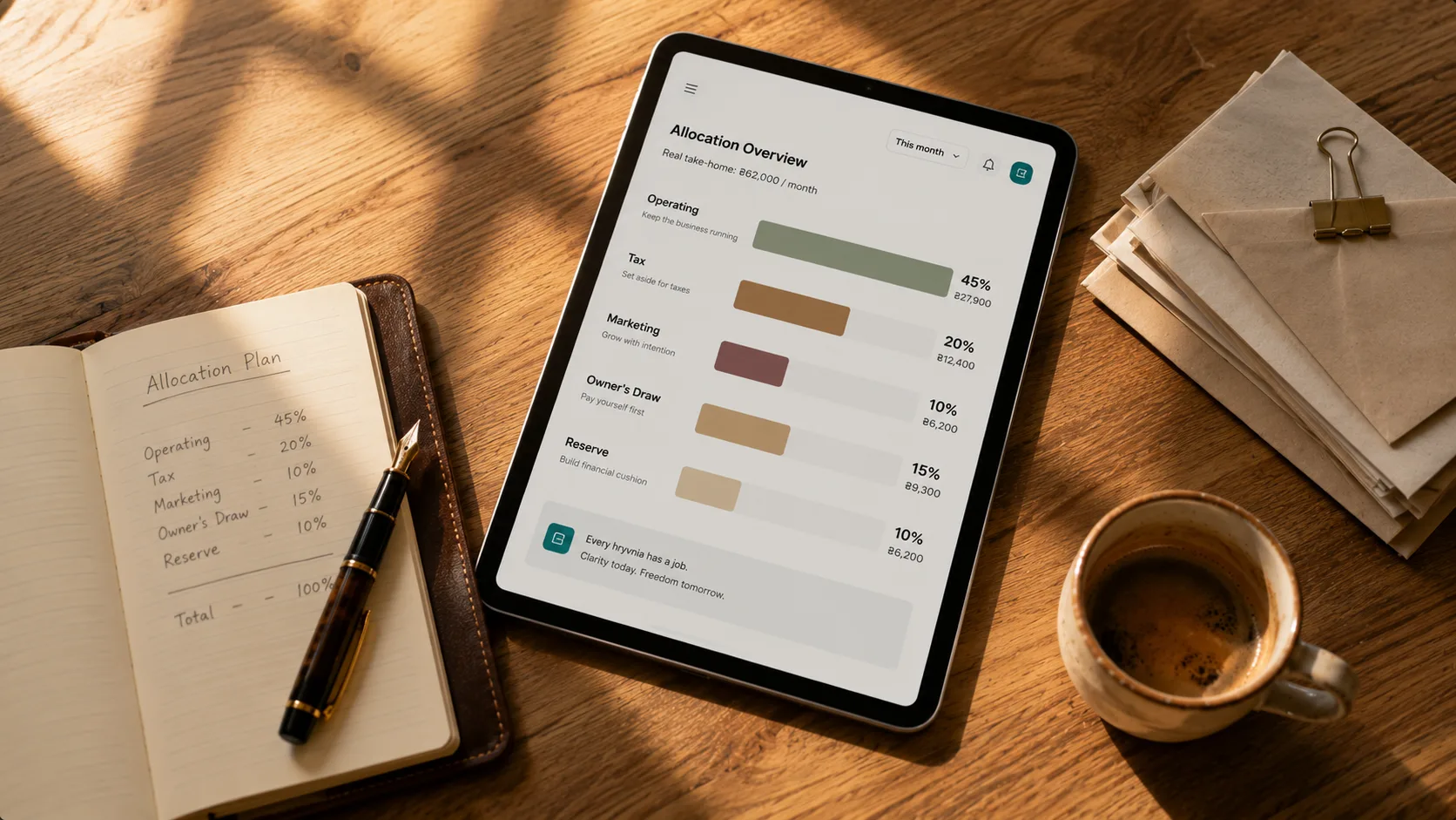 Overhead shot of a clean wooden desk: a tablet showing a financial allocation dashboard with several colored bars (operating, tax, marketing, owner's draw, reserve), a small notebook open with handwritten allocations, a stack of clipped paper envelopes, warm late-morning light