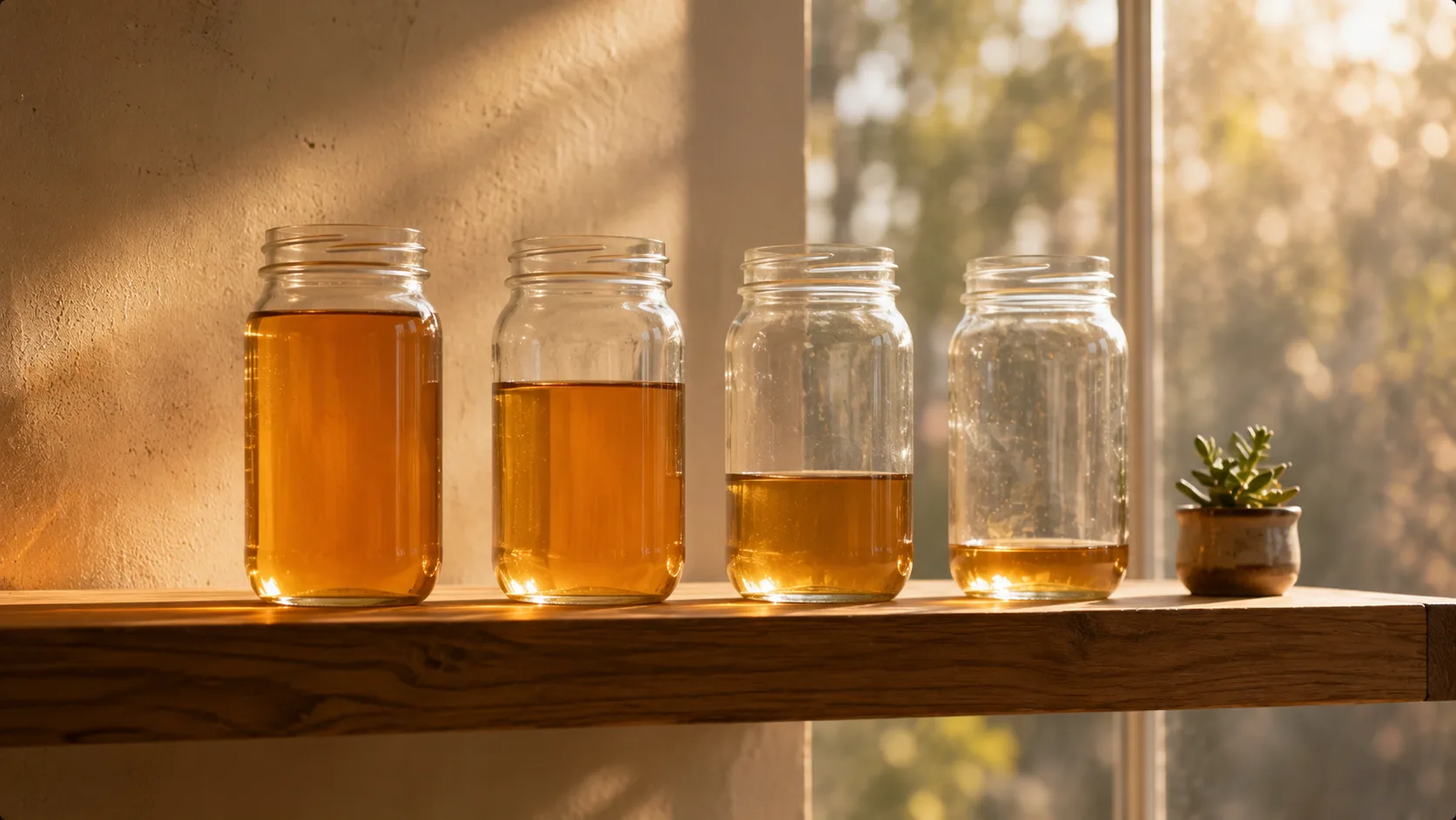 Four clean glass jars arranged on a wooden shelf in soft warm window light, each containing a different amount of warm-colored liquid (water with subtle amber tones) — a quiet visual metaphor for the four layers of money allocation