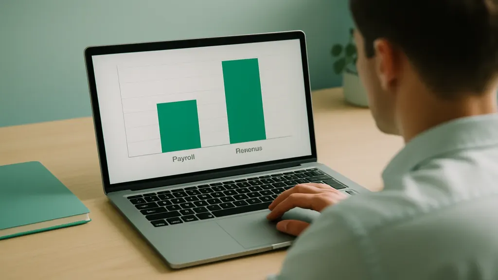 An owner comparing payroll against revenue on a laptop