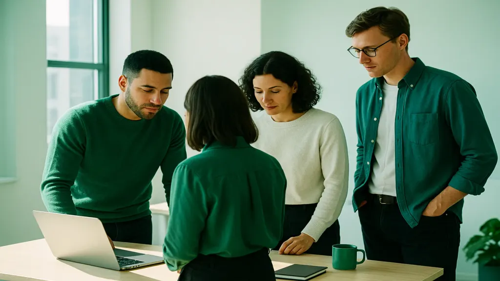A small team collaborating in a bright office
