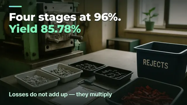Parts production: four stages at 96% give 85.78%