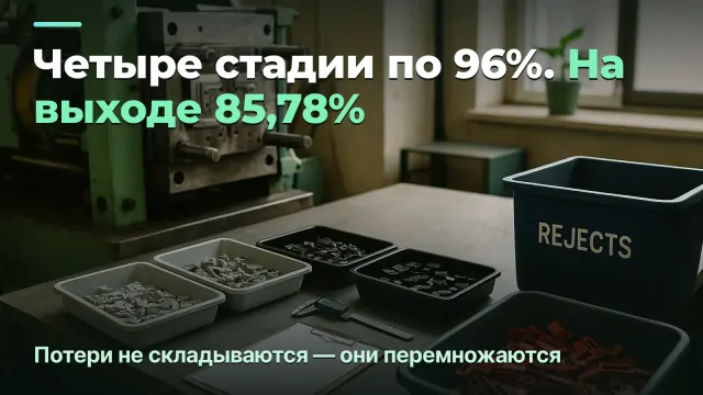 Производство деталей: четыре стадии по 96% дают 85,78%