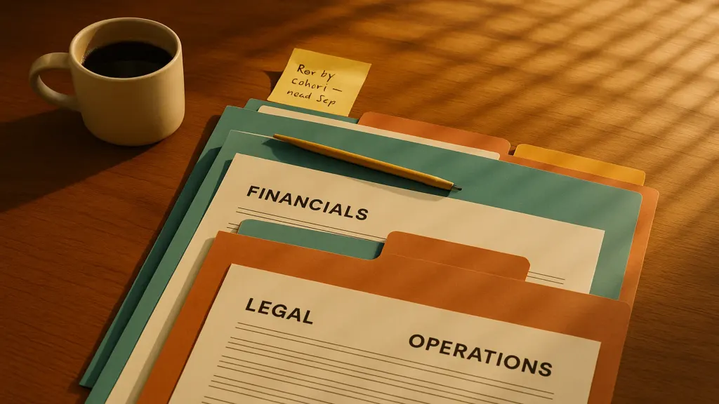Documentary editorial photograph, warm natural light, medium shot from above and slightly to the side. A wooden desk surface with three coloured hanging folders splayed open showing tab labels — FINANCIALS, LEGAL, OPERATIONS — each holding a small stack of printed documents. A ceramic mug of black coffee with a faint pale ring on the desk beside it. A single yellow sticky note reading 'Rev by cohort — need Sep' partially peeking from the top folder. A pencil resting horizontally across the folder edges. Warm sunlight streaks through unseen window blinds casting soft striped shadow across half the frame. Palette: warm honey wood, cream paper, muted teal folders, faded yellow sticky note. Brand teal accent naturally present in the middle folder. No people. Distinctly different, warmer, more human-trace atmosphere than the hero. Aspect 16:9.