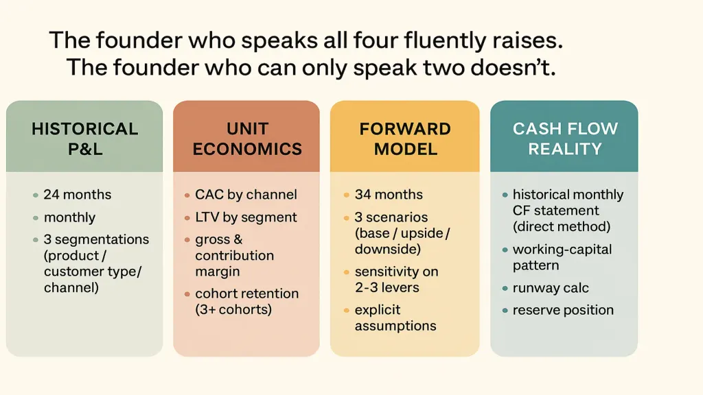 Four-artifact investment architecture — vector 4-column diagram on cream. Column 1 (sage): HISTORICAL P&L — 24 months, 3 segmentations. Column 2 (terracotta): UNIT ECONOMICS — CAC, LTV, margins, cohorts. Column 3 (amber): FORWARD MODEL — 24 months, 3 scenarios, sensitivity. Column 4 (BRAND TEAL emphasized): CASH FLOW REALITY — historical CF statement, runway, reserve. Above all four: 'The founder who speaks all four fluently raises. The founder who can only speak two doesn't.' NO photos in the schema itself.