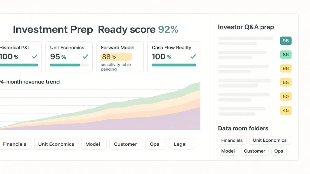 Investor data room dashboard, light mode. Title 'Investment Prep · Ready score 92%'. Top: four artifact cards (Historical P&L 100% ✓, Unit Economics 95% ✓, Forward Model 88% amber, Cash Flow Reality 100% ✓) each with fill-status bar. Center: quick-view chart of 24-month revenue trend with cohort layers. Right: 'Investor Q&A prep' panel with 8 anticipated questions and their answer-readiness score. Bottom: 'Data room links' — Financials / Unit Economics / Model / Legal / Ops folder chips. Brand teal accent on Ready score and on Model amber.