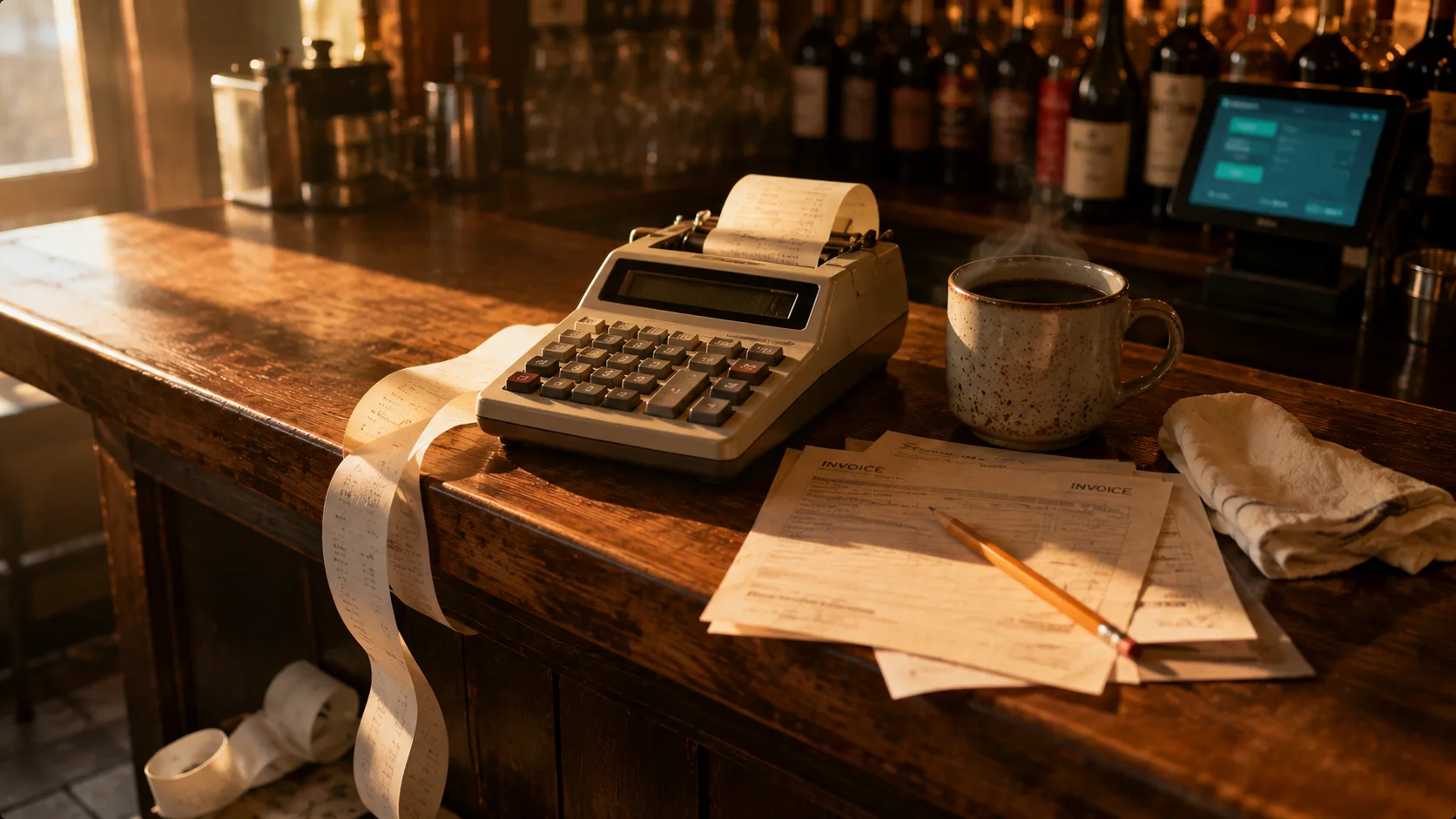 Old-style printing calculator on a wooden bar counter with a long curl of printed receipt tape cascading off the edge, half-finished mug of coffee beside it, warm afternoon light