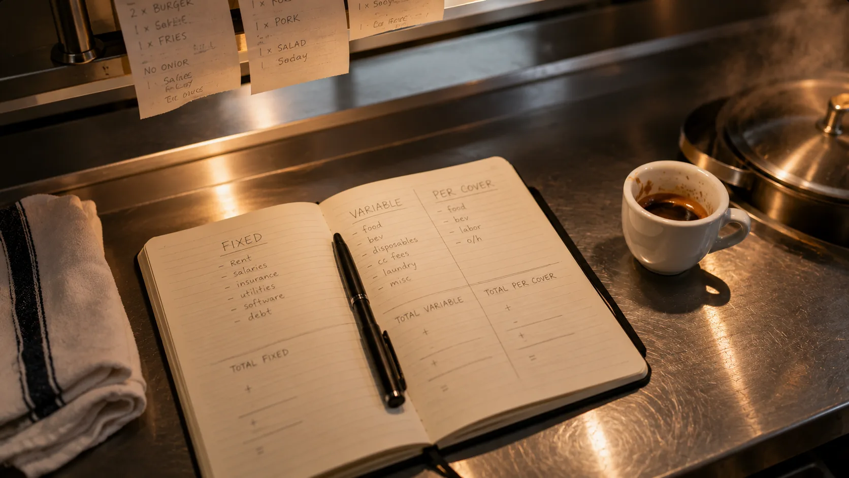 Open notebook on a stainless steel kitchen pass-through counter, handwritten calculations in pencil showing rough break-even math, a chef's pen and a small espresso cup beside it, warm overhead service light