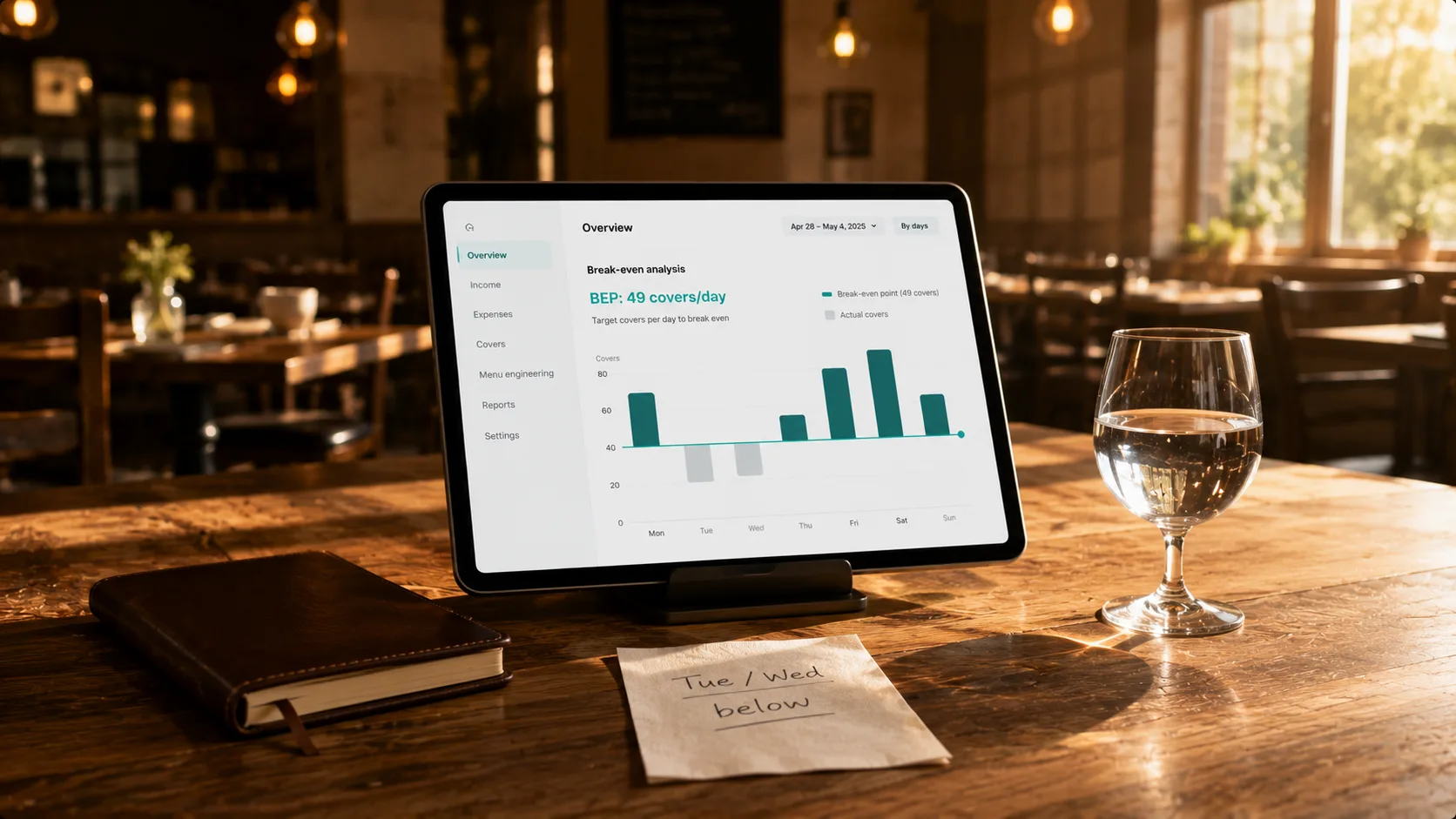 Clean dining table at a quiet restaurant in late afternoon, a tablet device propped on a stand showing a financial dashboard with break-even line graph, a single wine glass with water, a small notebook closed beside it, warm golden window light