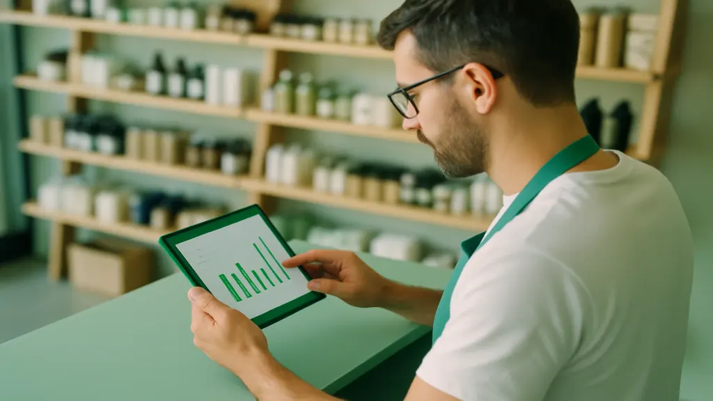 A shop owner reviewing stock levels at the counter