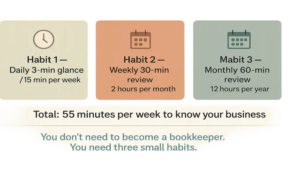 Three habits · 55 minutes a week — vector infographic on cream. Three horizontal cards side by side: LEFT (sage) Habit 1 — Daily 3-min glance / 15 min per week. CENTRE (terracotta) Habit 2 — Weekly 30-min review / 2 hours per month. RIGHT (BRAND TEAL emphasized) Habit 3 — Monthly 60-min review / 12 hours per year. Below all three: 'Total: 55 minutes per week to know your business.' Small caption: 'You don't need to become a bookkeeper. You need three small habits.'