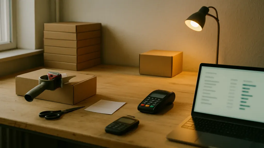 A small e-commerce packing corner: one parcel being prepared, a stack of product boxes, a card terminal and a laptop showing a product-margin list