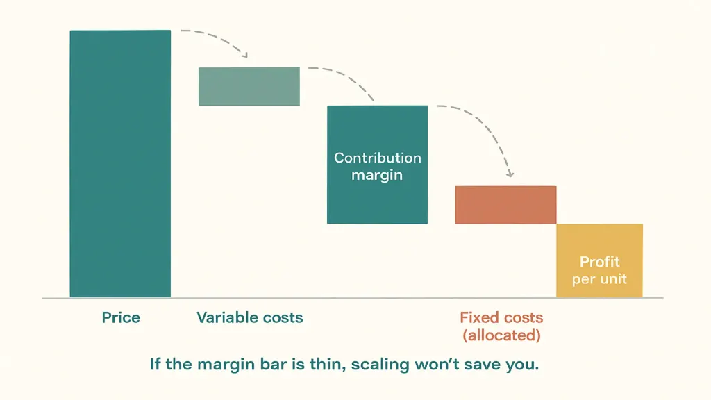 Contribution margin waterfall: price minus variable costs leaves contribution margin, which then covers fixed costs before profit per unit