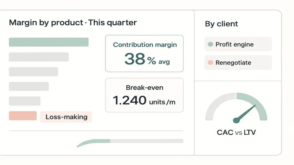 Finmap margin dashboard showing contribution margin per product and per client, with loss-making units flagged