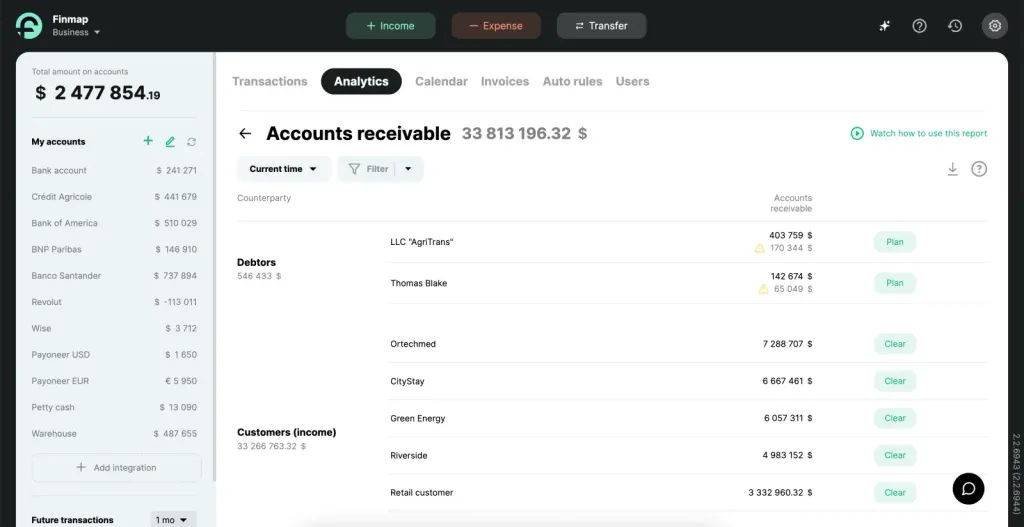 Receivables report in Finmap