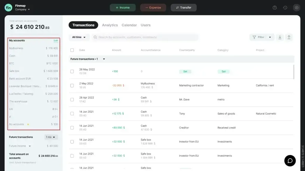 Accounts panel in Finmap