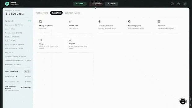 Income, Expense and Transfer buttons in Finmap