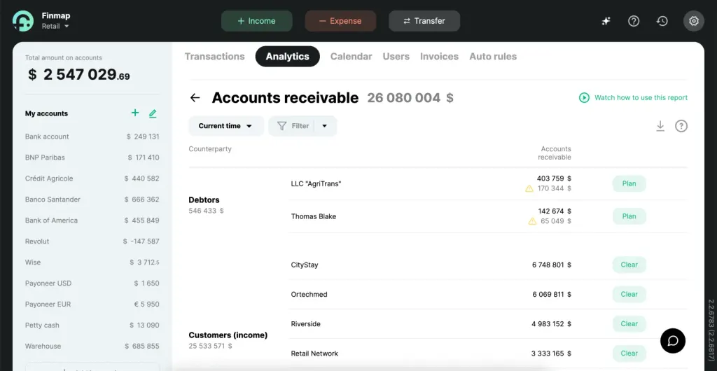 Accounts receivable report in Finmap