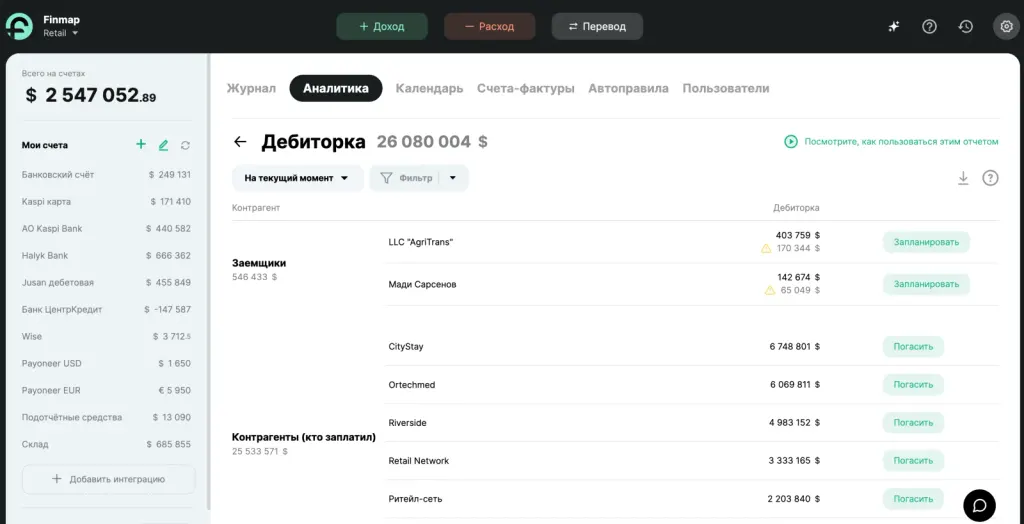 Отчеты по задолженностям в Finmap
