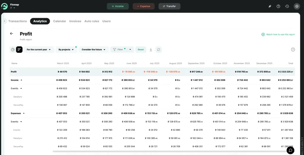 Example of analytics and reporting on projects in an IT company 