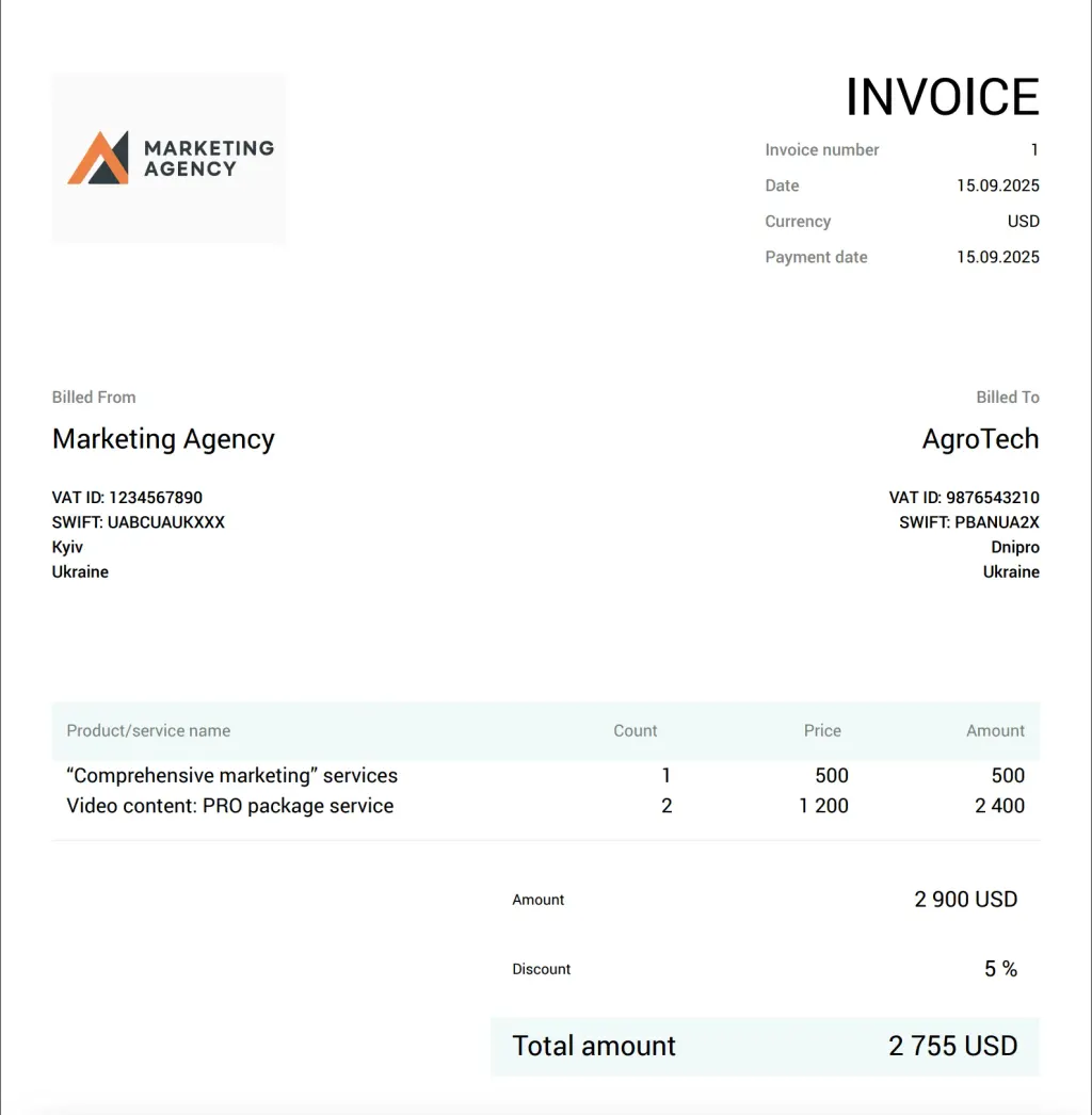Example of an invoice created in Finmap