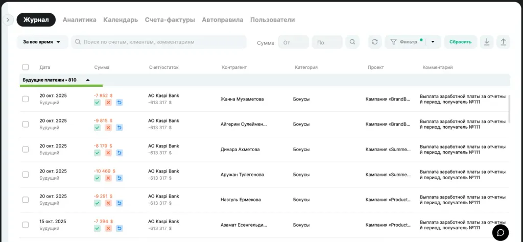 Будущие платежи маркетингового агентства в Finmap