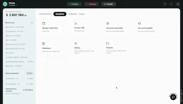 Cash Flow report in Finmap