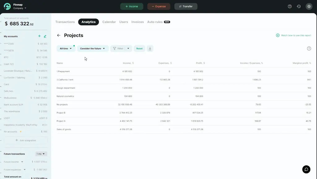 Setting filters in the Projects report in Finmap