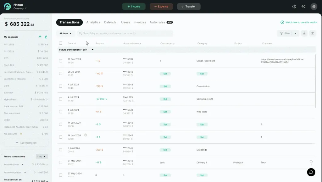 Connecting integration to the account in Finmap