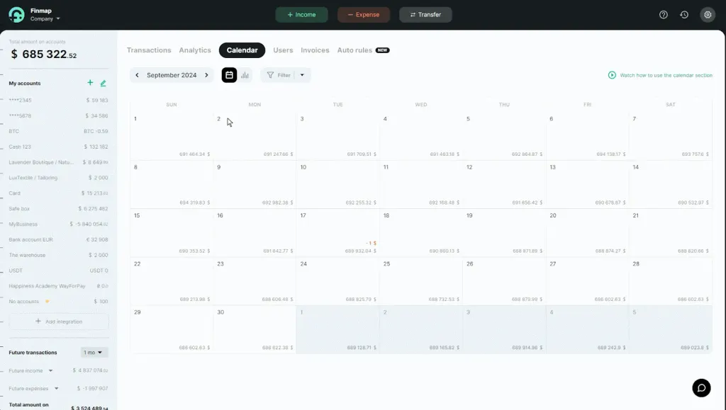 Payment Calendar in Finmap