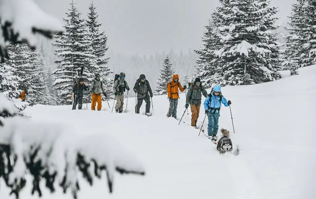 A group of tourists hiking in the mountains during a winter blizzard with TURE.