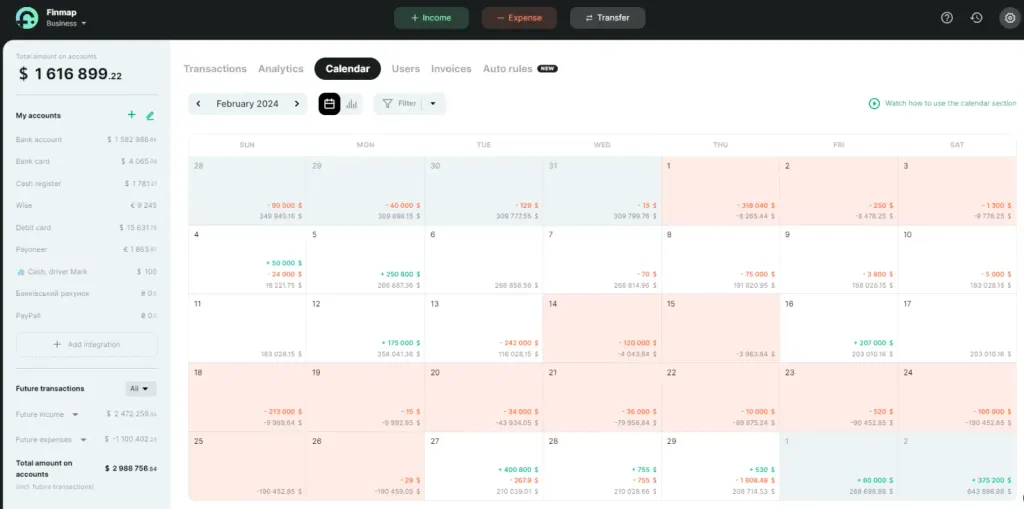 Payment Calendar in Finmap