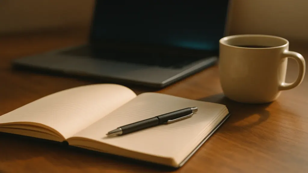 A desk with a notebook and coffee in morning light