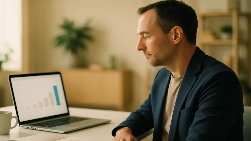 A business owner calmly working with numbers on a laptop