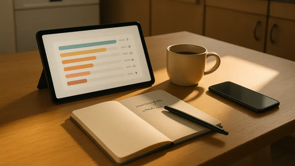 Documentary editorial photograph — an owner's actual daily-check morning captured through inhabited traces (no people, day beginning). Medium-close angled shot of a small kitchen table. A slim tablet displays a simple monthly-spend overview — eight coloured categories in a horizontal stack with month-over-month trend arrows next to each. A small paper notebook lies beside the tablet, one line already written: 'marketing +12% — check what'. A ceramic mug of coffee two-thirds full. A phone lies screen-down. A pen resting across the notebook. Warm morning window light casting a soft rectangular pool onto the table. Palette: warm oak, cream, cool tablet glow, muted notebook grey, tungsten warmth. Brand teal on one trend arrow. NO people. The mood: a founder starts the day already knowing where the money went yesterday. Aspect 16:9.