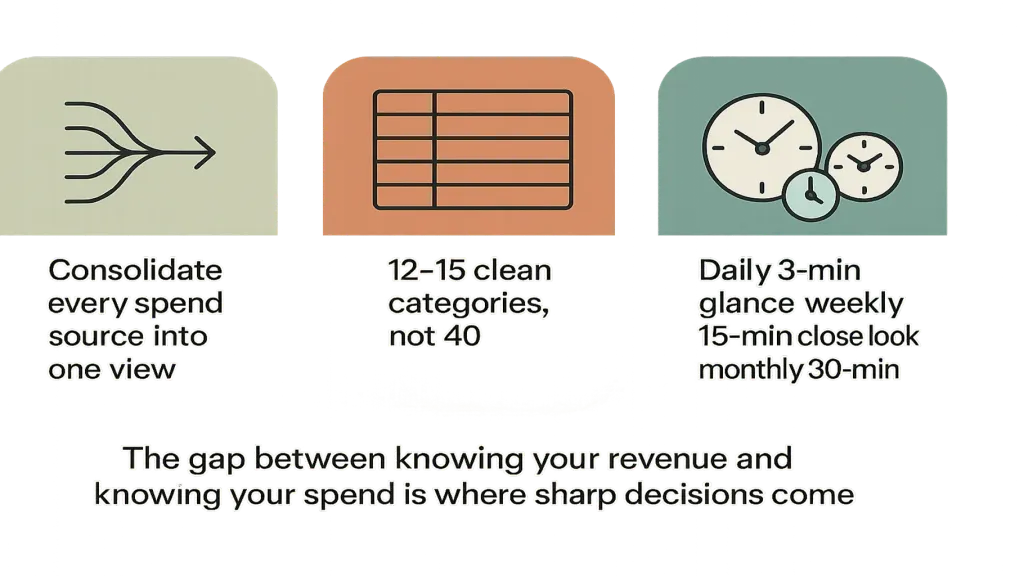 Daily-view practice — vector 3-step diagram on cream. Step 1 (sage): Consolidate every spend source into one view. Step 2 (terracotta): 12–15 clean categories, not 40. Step 3 (BRAND TEAL emphasized): Daily 3-min glance / weekly 15-min close look / monthly 30-min full breakdown. Below: 'The gap between knowing your revenue and knowing your spend is where sharp decisions come from.'